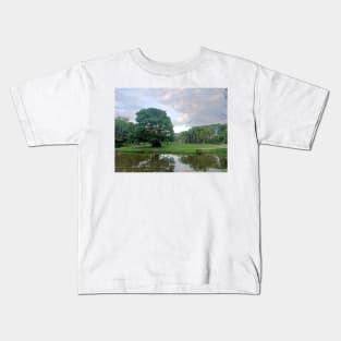 Green landscape cloudy sky, Nature landscape photograph Kids T-Shirt